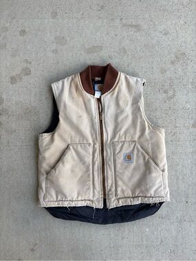 Vintage Carhartt V01 BRN Duck Canvas Work Vest Tan Distressed Size Large